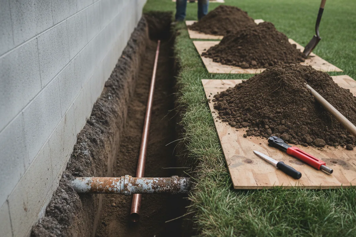 Excavated water line trench during Water Heater Repair in Washoe Valley